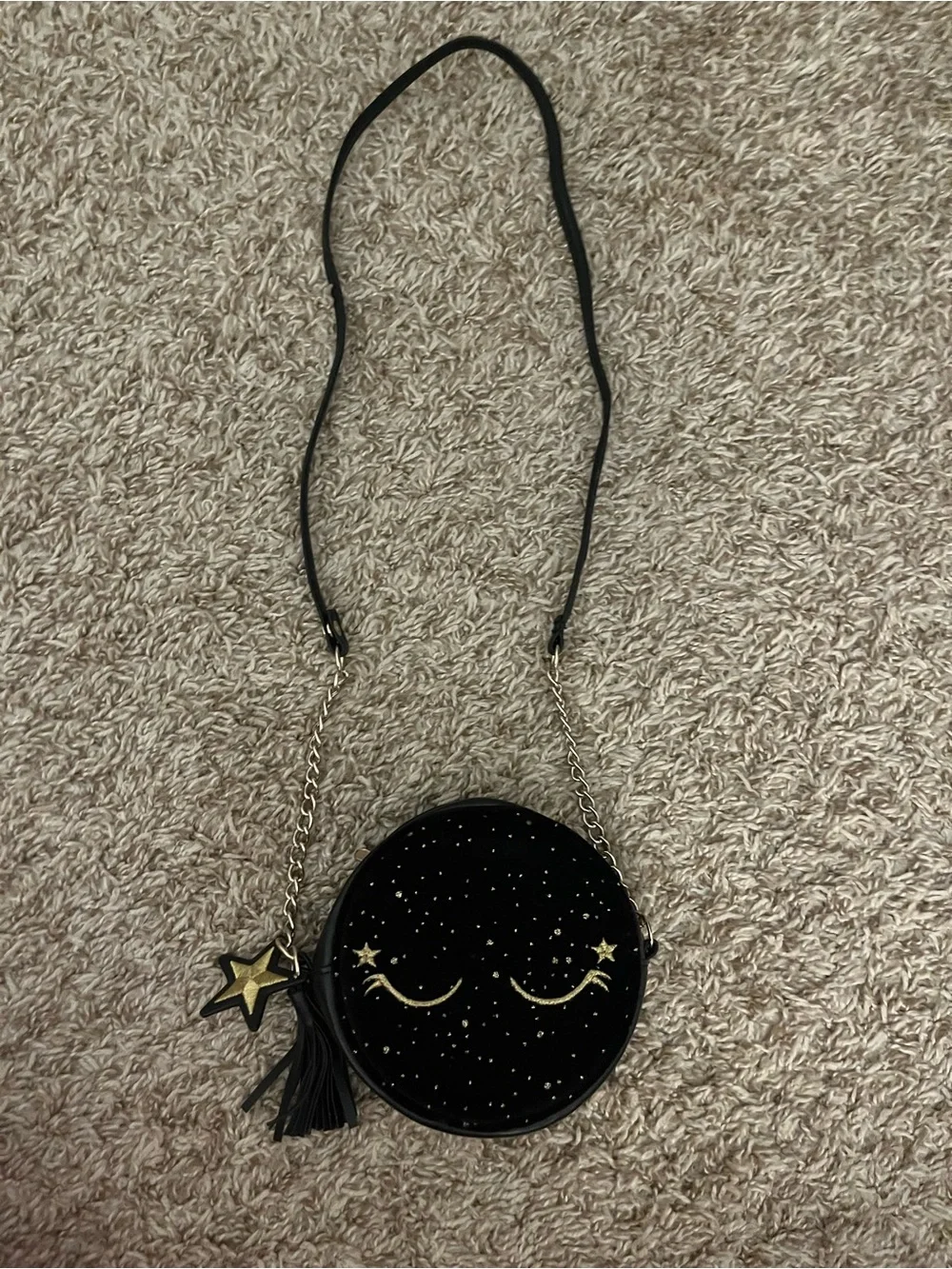 Black Starry Round Crossbody Bag with Gold Accents